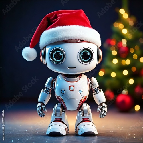 Robot Santa Claus with a Christmas tree in the background