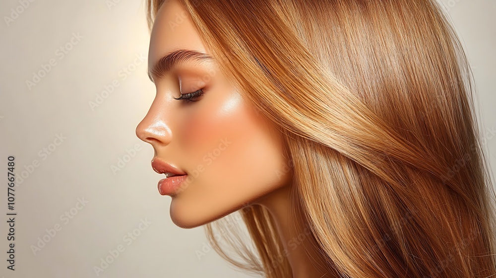 Side profile of a hair model with long, straight, and silky hair cascading down her back, soft natural light highlighting the shine and texture, minimalist studio backdrop, smooth and polished look, Side profile of a hair model with long, straight, and silky hair cascading down her back, soft natural light highlighting the shine and texture, minimalist studio backdrop, smooth and polished look,