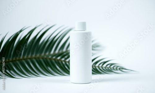 Wallpaper Mural plain white mockup bottle for facial cleanser, set against white background with green palm leaf. This highly detailed image captures minimalist aesthetic, perfect for product showcasing Torontodigital.ca