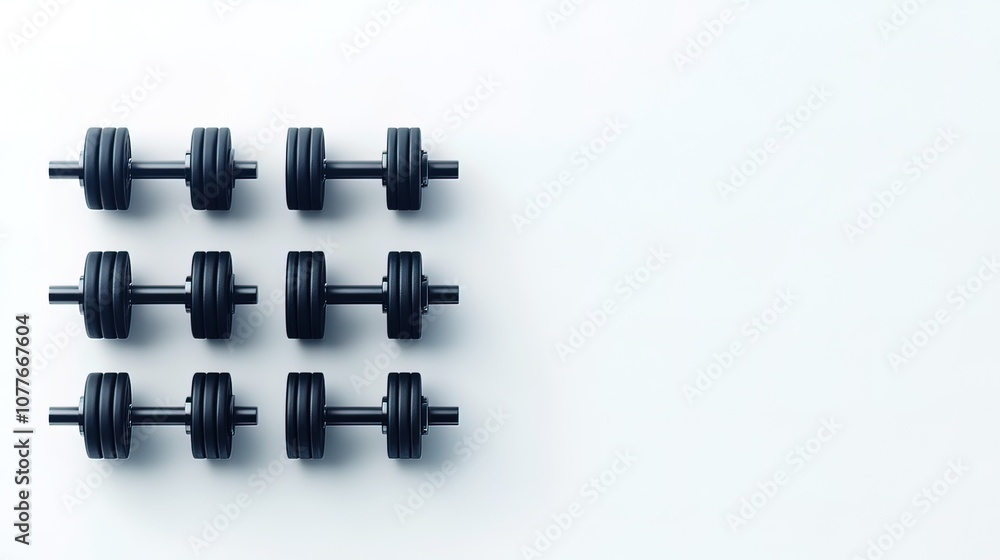 Nine black dumbbells arranged in a grid on a white background with copy space. Nine black dumbbells arranged in a grid on a white background with copy space.