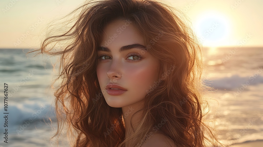 Side profile of a hair model with loose, wavy beach hair, illuminated by the soft glow of the setting sun, ocean waves in the background, focus on the natural texture and volume, Side profile of a hair model with loose, wavy beach hair, illuminated by the soft glow of the setting sun, ocean waves in the background, focus on the natural texture and volume,