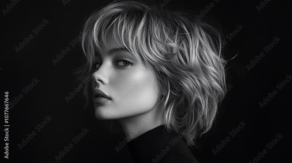 Side profile of a hair model with natural, loose curls, studio lighting accentuating the volume and bounce of the hair, deep shadows adding depth, minimalist aesthetic with a soft, blurred backdrop, Side profile of a hair model with natural, loose curls, studio lighting accentuating the volume and bounce of the hair, deep shadows adding depth, minimalist aesthetic with a soft, blurred backdrop,
