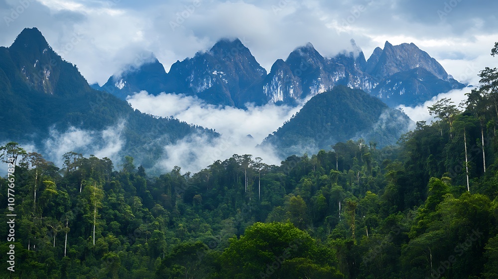 Lush Green Rainforest and Majestic Mountains Cloaked in Clouds Lush Green Rainforest and Majestic Mountains Cloaked in Clouds