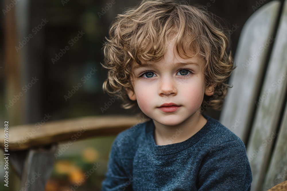 A young Caucasian boy with curly hair sits on a wooden chair outdoors, gazing intently at the camera, wearing a blue sweater. A young Caucasian boy with curly hair sits on a wooden chair outdoors, gazing intently at the camera, wearing a blue sweater.