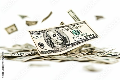 A One Hundred Dollar Bill Falling on a Pile of Cash photo