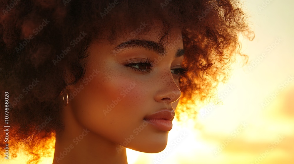 Side profile of a hair model with voluminous, wavy hair, backlit by the warm golden hour light, sunlight creating a soft halo effect around the strands, outdoor setting with a vibrant sky, Side profile of a hair model with voluminous, wavy hair, backlit by the warm golden hour light, sunlight creating a soft halo effect around the strands, outdoor setting with a vibrant sky,