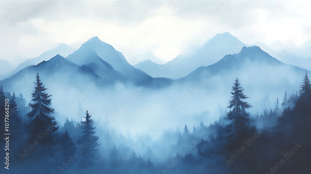 Fototapeta premium Misty Mountain Range with Silhouetted Pine Trees