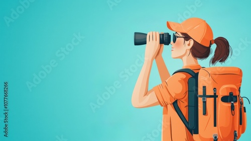 A traveler in an orange outfit using binoculars to explore the outdoors, embodying adventure and curiosity in a vibrant setting.