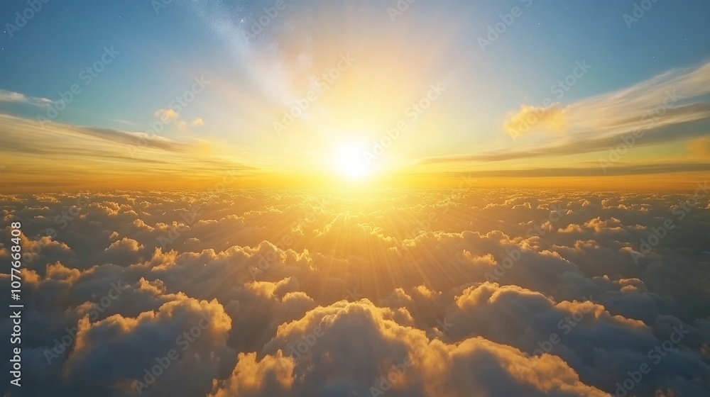 Fototapeta premium Sunrise above the clouds, breathtaking sky view