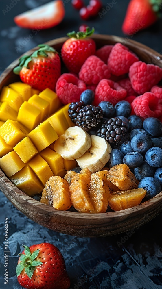 Vibrant Fruit Salad: A Delightful Blend of Fresh Mango, Strawberries, Blueberries, Raspberries, and Blackberries Vibrant Fruit Salad: A Delightful Blend of Fresh Mango, Strawberries, Blueberries, Raspberries, and Blackberries