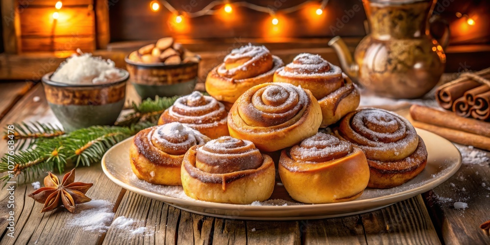 A plate of freshly baked cinnamon rolls dusted with powdered sugar, illuminated by soft warm lights, creating a cozy and inviting atmosphere. A plate of freshly baked cinnamon rolls dusted with powdered sugar, illuminated by soft warm lights, creating a cozy and inviting atmosphere.