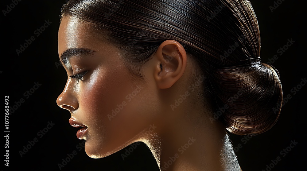 Side view of a hair model with sleek, wet-look hair, strands slicked back smoothly, illuminated by soft, diffused studio lighting, minimalist dark background, emphasis on the glossy, Side view of a hair model with sleek, wet-look hair, strands slicked back smoothly, illuminated by soft, diffused studio lighting, minimalist dark background, emphasis on the glossy,