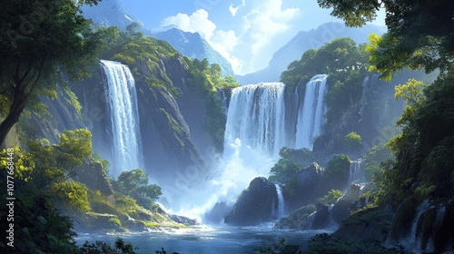 Majestic Waterfall in a Lush Jungle