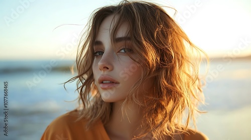 Side view of a hair model with loose beach waves, sunlit strands glowing against a bright ocean backdrop, soft breeze adding motion, emphasis on the natural, textured look, vibrant summer colors,