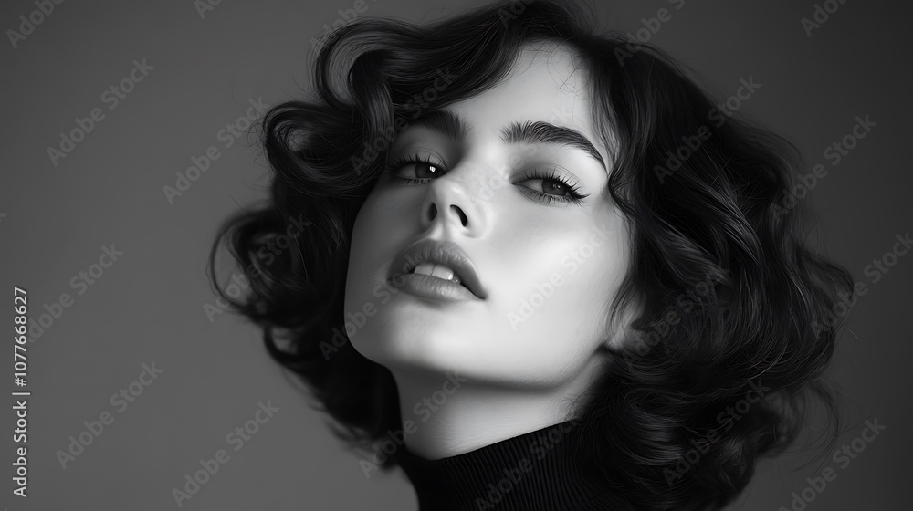 Fototapeta premium Vintage-inspired hair model with soft, structured waves, captured in black and white, high contrast highlighting the smooth texture of the curls, minimalist studio backdrop, dramatic lighting,