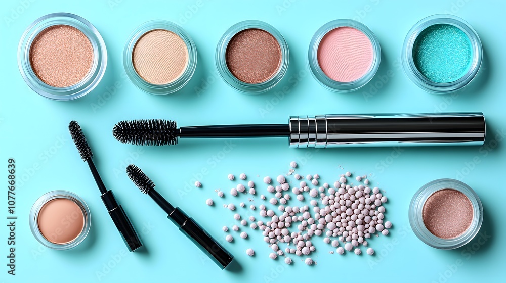 Arrangement of Various Makeup Products Including Mascara and Eyeshadow in Soft Pastel Colors on a Turquoise Background Arrangement of Various Makeup Products Including Mascara and Eyeshadow in Soft Pastel Colors on a Turquoise Background