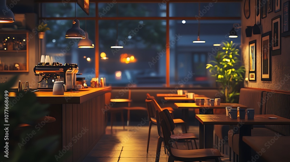 Empty Coffee Shop Interior with Warm Lighting and City View Empty Coffee Shop Interior with Warm Lighting and City View