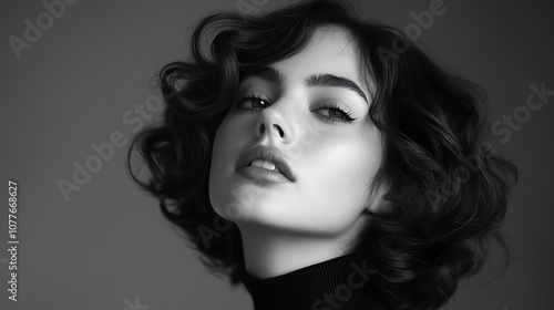 Vintage-inspired hair model with soft, structured waves, captured in black and white, high contrast highlighting the smooth texture of the curls, minimalist studio backdrop, dramatic lighting, photo