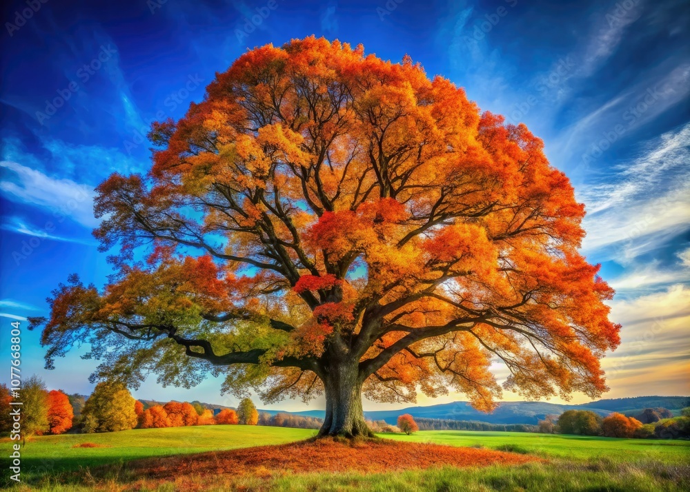 Naklejka premium In autumn's embrace, a grand oak tree displays stunning foliage, surrounded by a vivid landscape adorned in vibrant hues under a serene, clear blue sky.