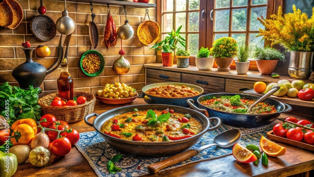 In a sunlit kitchen, fresh ingredients sizzle in pans, filling the air with mouthwatering aromas, celebrating the heart of traditional Spanish cooking in a welcoming atmosphere. In a sunlit kitchen, fresh ingredients sizzle in pans, filling the air with mouthwatering aromas, celebrating the heart of traditional Spanish cooking in a welcoming atmosphere.