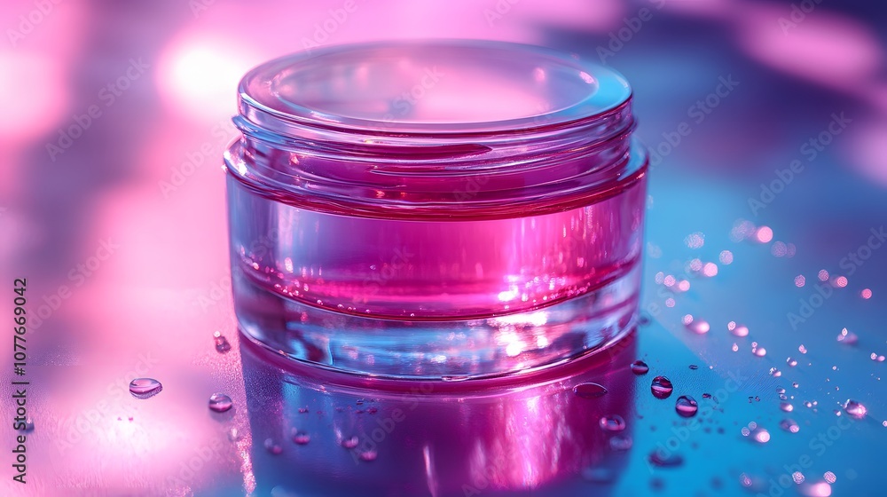 Elegant Clear Jar with Moisturizer Beneath Soft Lighting, Perfect for Skin Care, Beauty Products, and Spa Treatments in a Vibrant Color Palette Elegant Clear Jar with Moisturizer Beneath Soft Lighting, Perfect for Skin Care, Beauty Products, and Spa Treatments in a Vibrant Color Palette