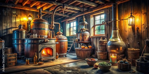 In a shadowy barn, a rustic moonshine still glimmers softly, encircled by vintage bottles and aged wooden barrels, creating an atmosphere steeped in history. photo