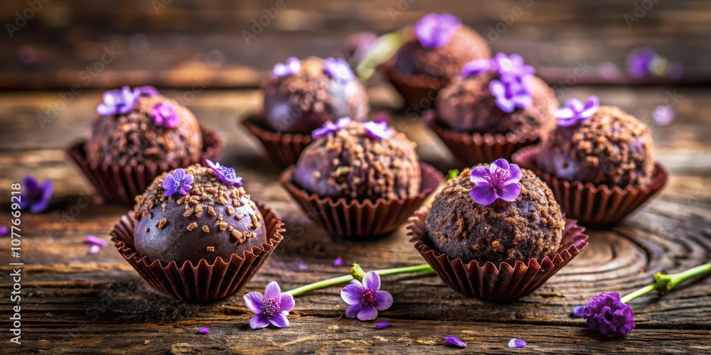 Chocolate truffles decorated with delicate purple flowers on a rustic wooden surface Chocolate truffles decorated with delicate purple flowers on a rustic wooden surface
