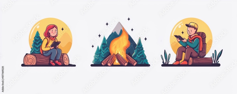 Illustration of camping scenes with people relaxing by a fire and enjoying nature, capturing the spirit of outdoor adventure. Illustration of camping scenes with people relaxing by a fire and enjoying nature, capturing the spirit of outdoor adventure.