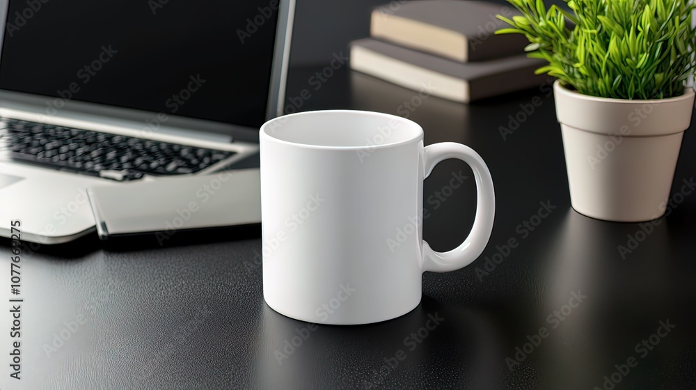 White coffee mug on a black desk with a laptop, books, and a potted plant. White coffee mug on a black desk with a laptop, books, and a potted plant.
