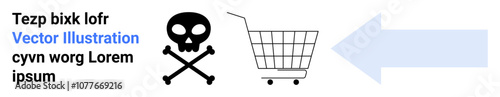 A shopping cart is shown next to a skull with crossbones symbol, suggesting a cautionary theme related to shopping. Ideal for safety, consumer awareness, hazard alerts, e-commerce risks and warning