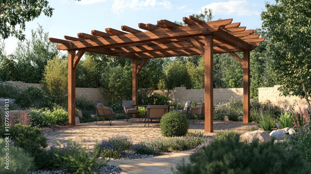 Wooden Pergola in a Lush Backyard Oasis Wooden Pergola in a Lush Backyard Oasis