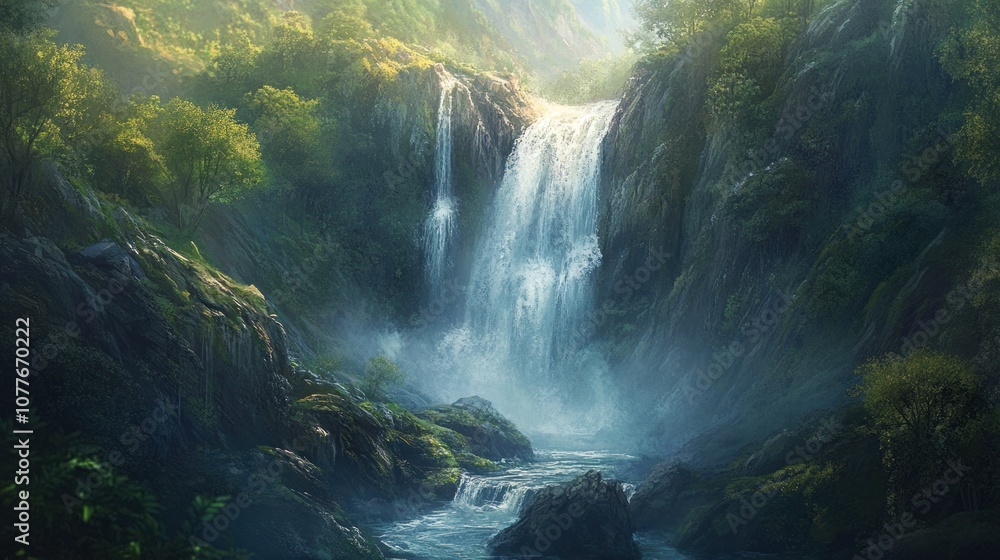 Majestic Waterfall in a Lush Forest Majestic Waterfall in a Lush Forest