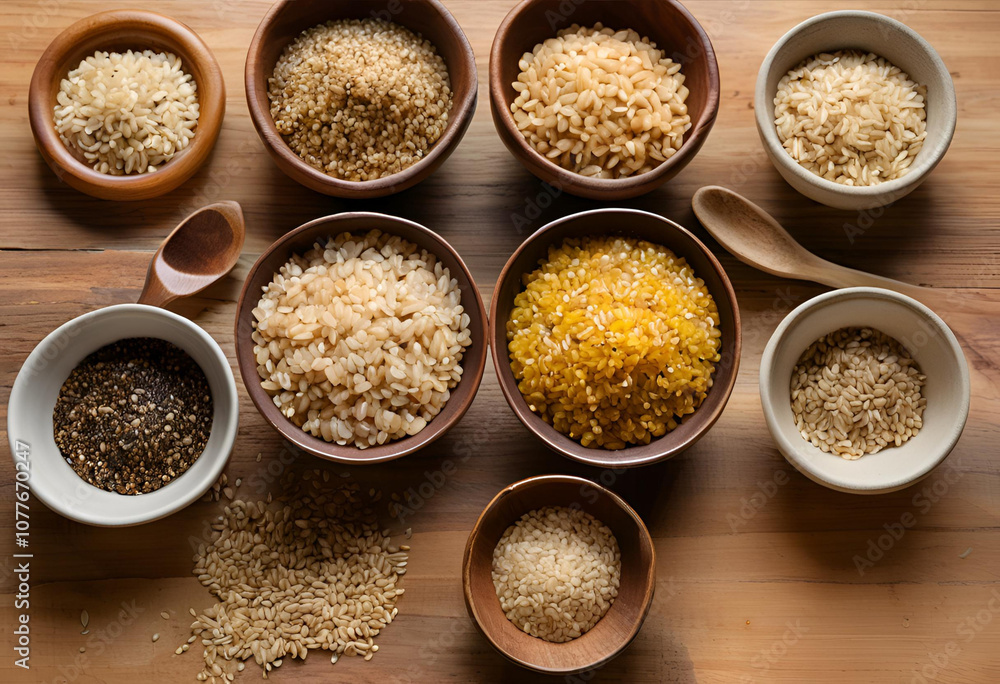 Brown Rice, Quinoa, Bulgur on Wood Brown Rice, Quinoa, Bulgur on Wood