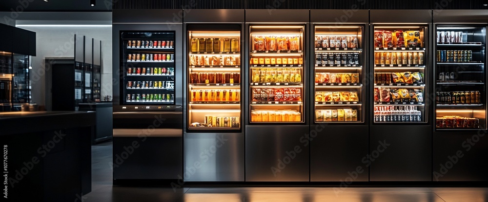 A row of modern vending machines stocked with various snacks and drinks. A row of modern vending machines stocked with various snacks and drinks.