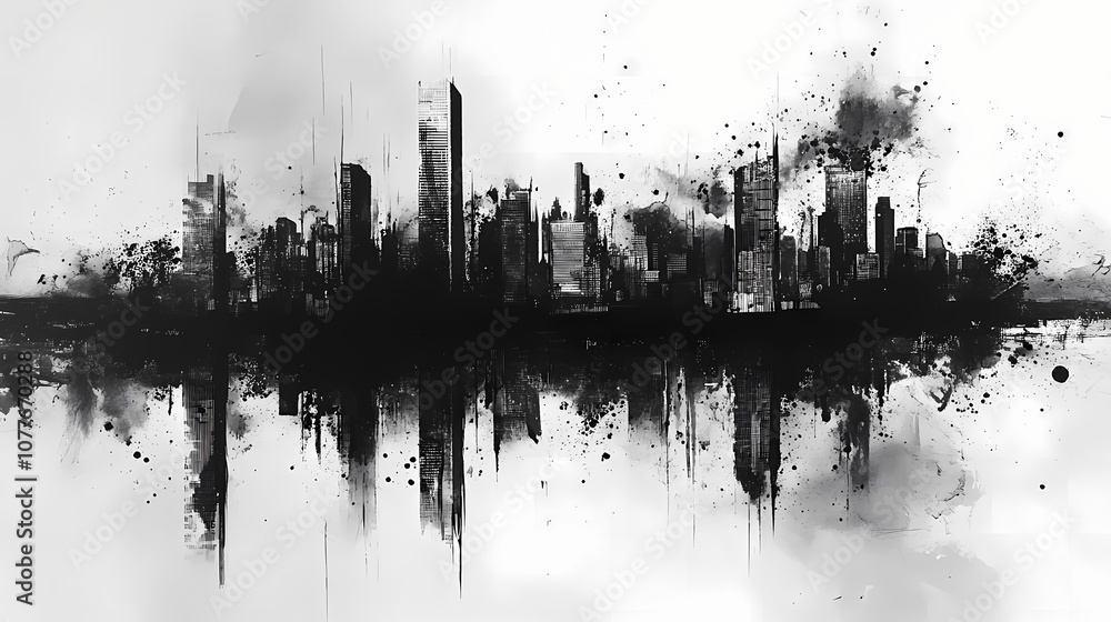 Abstract monochrome cityscape with ink splatter and reflection, urban skyline illustration. Monochrome. Illustration Abstract monochrome cityscape with ink splatter and reflection, urban skyline illustration. Monochrome. Illustration