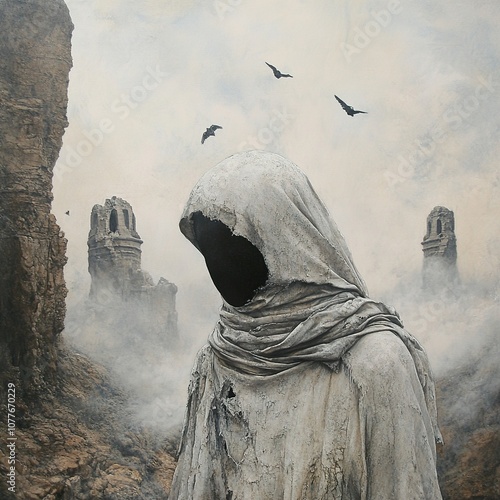 The Enigma of the Hooded Figure: A Mystical Journey Through a Foggy Landscape photo