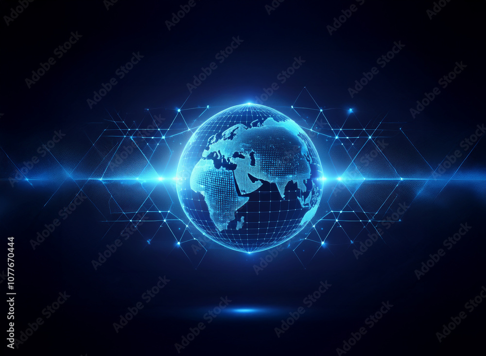Fototapeta premium A stylized globe with a blue glow surrounded by geometric patterns on a dark blue background.