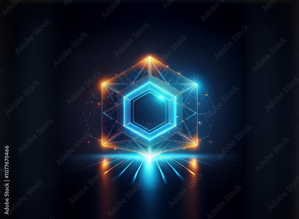 A glowing hexagonal shape with a wireframe design, radiating orange and blue light on a dark background. A glowing hexagonal shape with a wireframe design, radiating orange and blue light on a dark background.