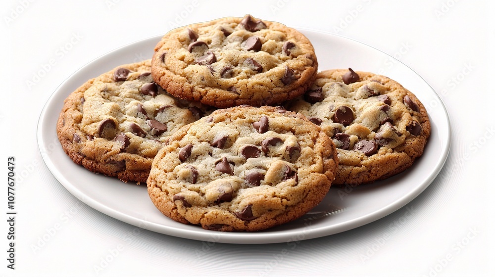 Delicious Chocolate Chip Cookies Perfectly Arranged on a White Plate, Isolated on a Clean Background for Culinary or Baking Themed Projects Delicious Chocolate Chip Cookies Perfectly Arranged on a White Plate, Isolated on a Clean Background for Culinary or Baking Themed Projects