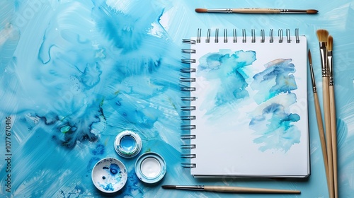 Watercolor sketchbook with blue abstract painting, brushes and open paint containers, artistic flat lay, textured blue background, creative workspace, art tools, copy space for text

