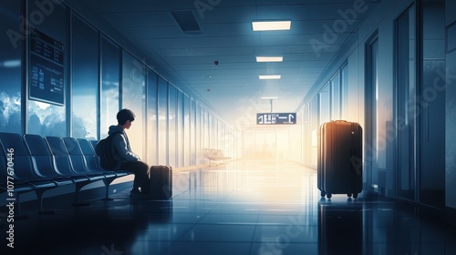 Person Sitting Alone in Empty Airport Corridor