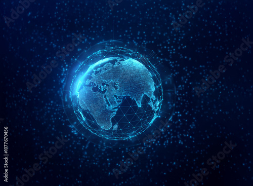 A glowing, digital globe is surrounded by twinkling lights against a dark blue background.