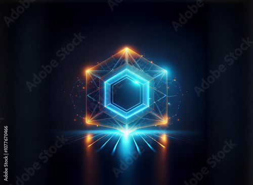 A glowing hexagonal shape with a wireframe design, radiating orange and blue light on a dark background.