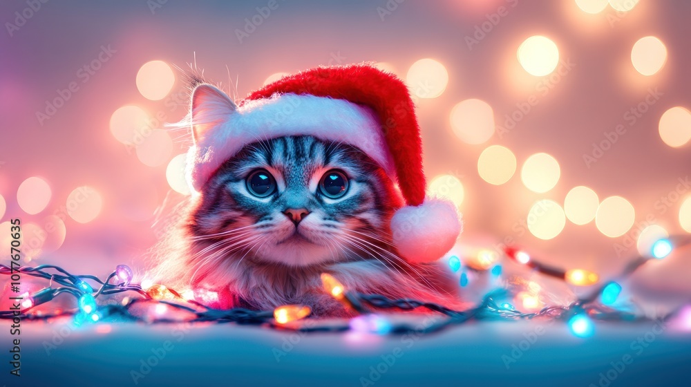 A cute kitten wearing a Santa hat sits among colorful holiday lights, creating a festive and joyful atmosphere. A cute kitten wearing a Santa hat sits among colorful holiday lights, creating a festive and joyful atmosphere.