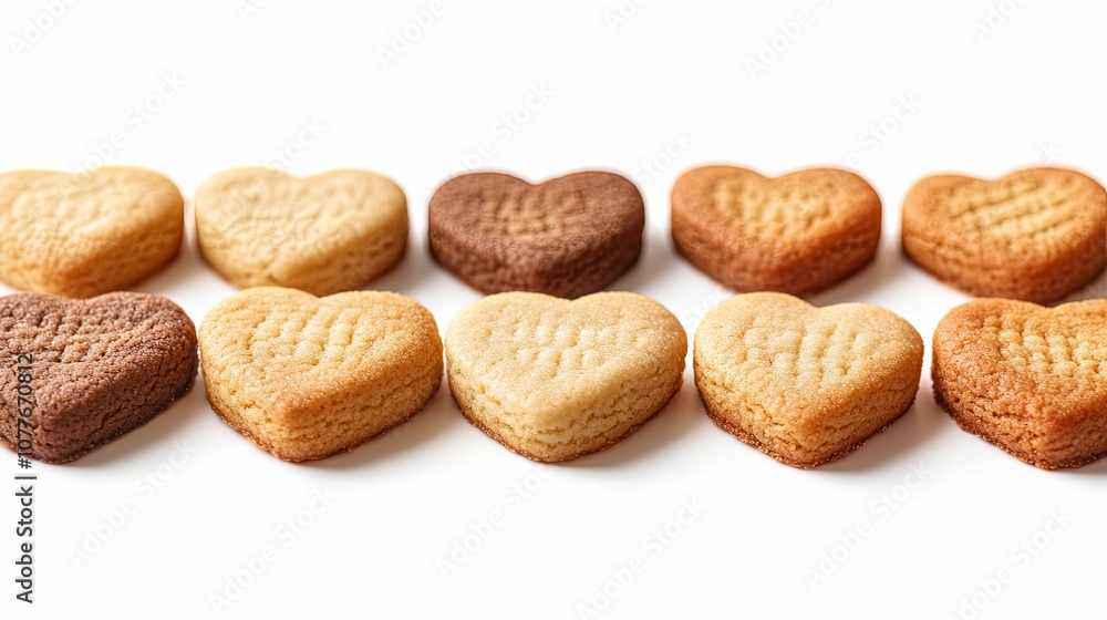 Heart-Shaped Cookies Arranged in a Row on a White Background Heart-Shaped Cookies Arranged in a Row on a White Background