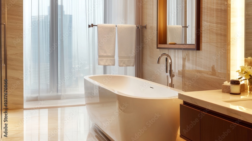 A sleek, modern bathroom featuring a freestanding tub, elegant finishes, and ample natural light from large windows. A sleek, modern bathroom featuring a freestanding tub, elegant finishes, and ample natural light from large windows.