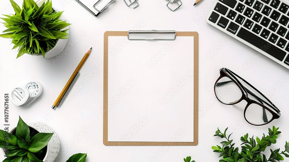 A Blank Clipboard Ready for Use Surrounded by Office Supplies, Notepad, Glasses, Plants, and a Keyboard on a Bright White Background A Blank Clipboard Ready for Use Surrounded by Office Supplies, Notepad, Glasses, Plants, and a Keyboard on a Bright White Background