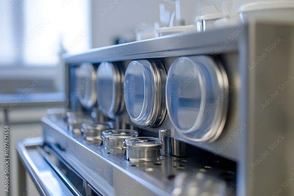 Close-up of a modern kitchen appliance with circular containers for food preparation. Close-up of a modern kitchen appliance with circular containers for food preparation.
