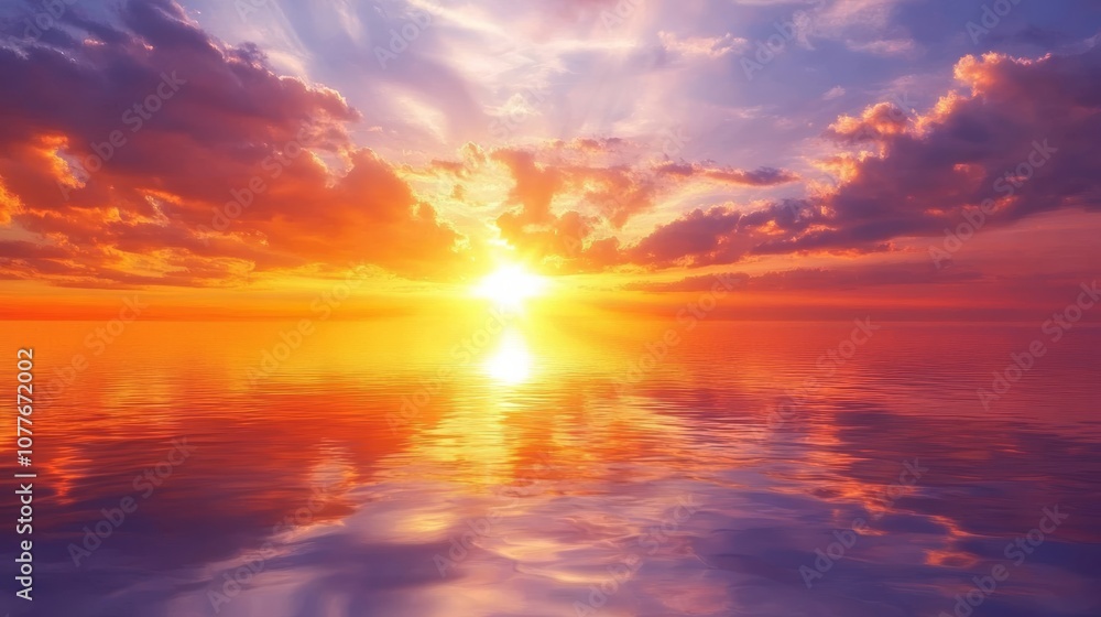 Obraz premium Sunset over calm ocean with vibrant clouds