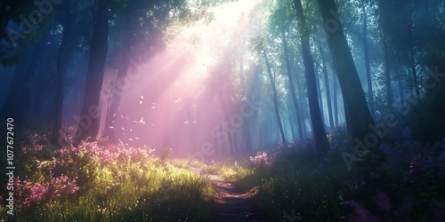 Mystical Forest Path with Light Rays and Fog